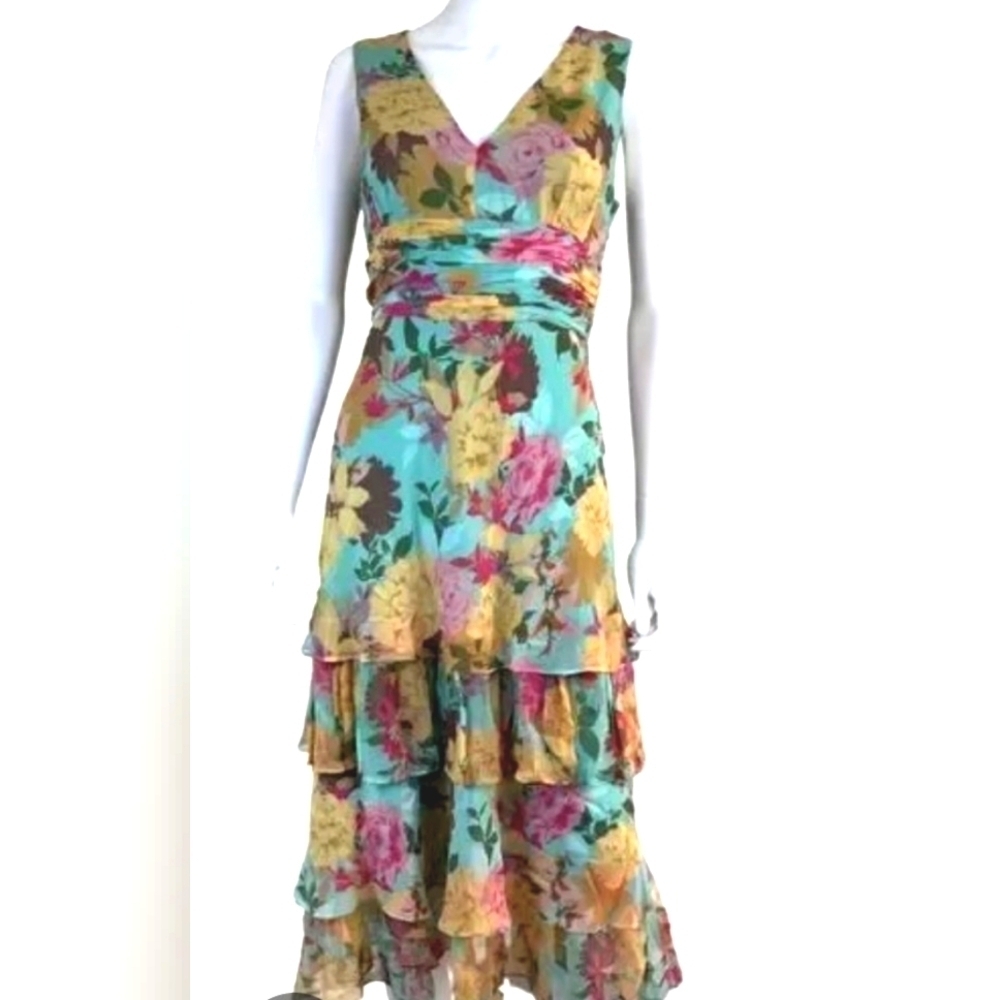 Adrianna Papell SILK Midi Dress Size 12 Floral Tiered Ruffled Ruched Vintage Y2K